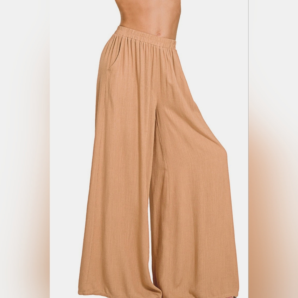 Zenana Pleated Linen Blend Wide Leg Pants - Picture 3 of 5